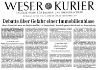 Debatte über Gefahr einer Immobilienblase | Bremer Experte Berger: Kein Grund zur Beunruhigung | Weser-Kurier vom 29. Oktober 2012
